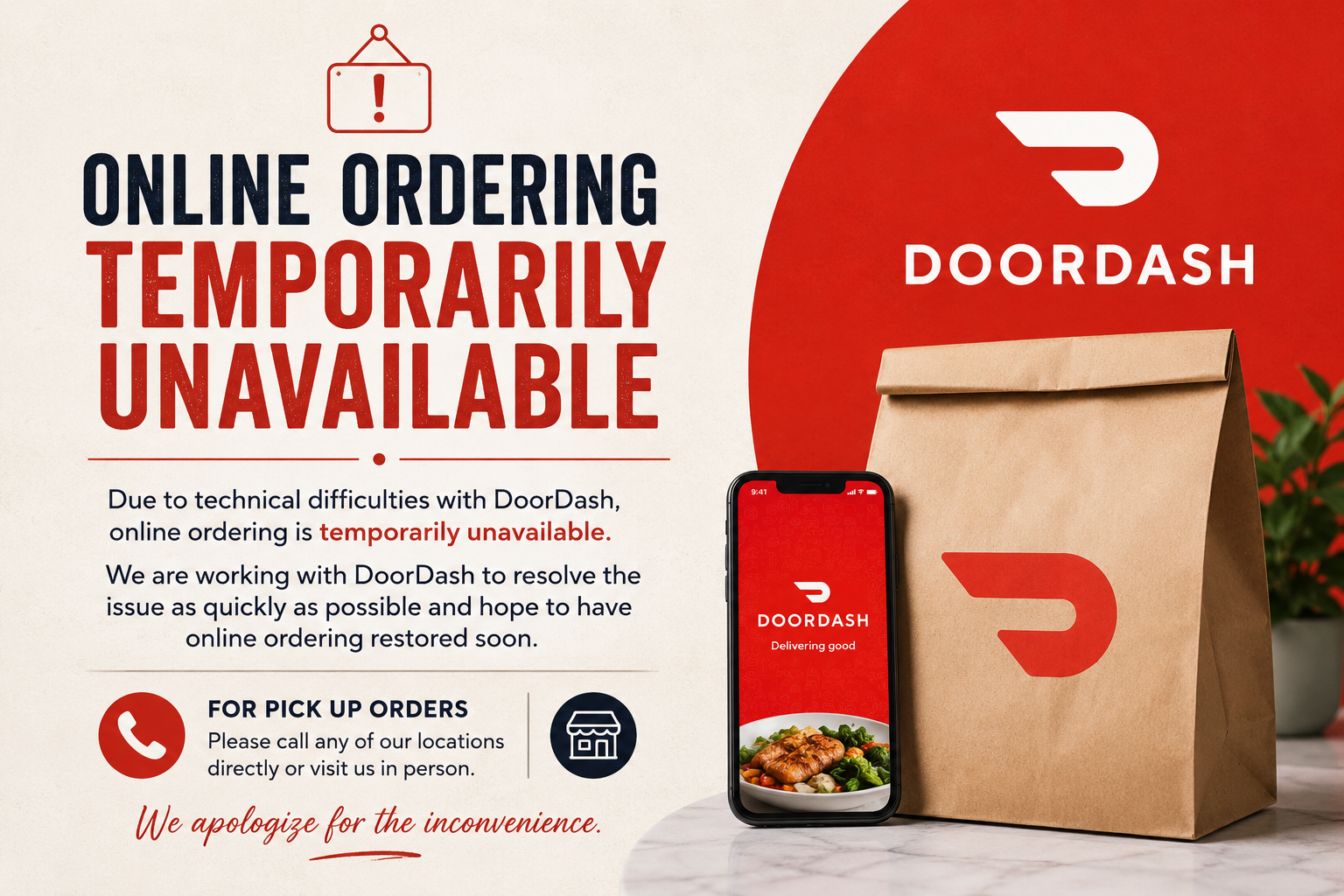 DoorDash outage notice: online ordering temporarily unavailable with a red-beige design and delivery bag imagery. Reassuring apology text included on the left side for users.