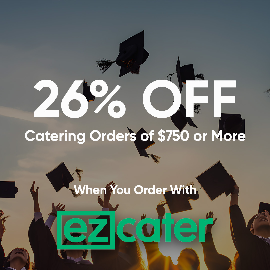 Promo banner advertising 26% off catering orders of $750+ when you order with ezCater; graduates tossing caps at sunset in the background.
