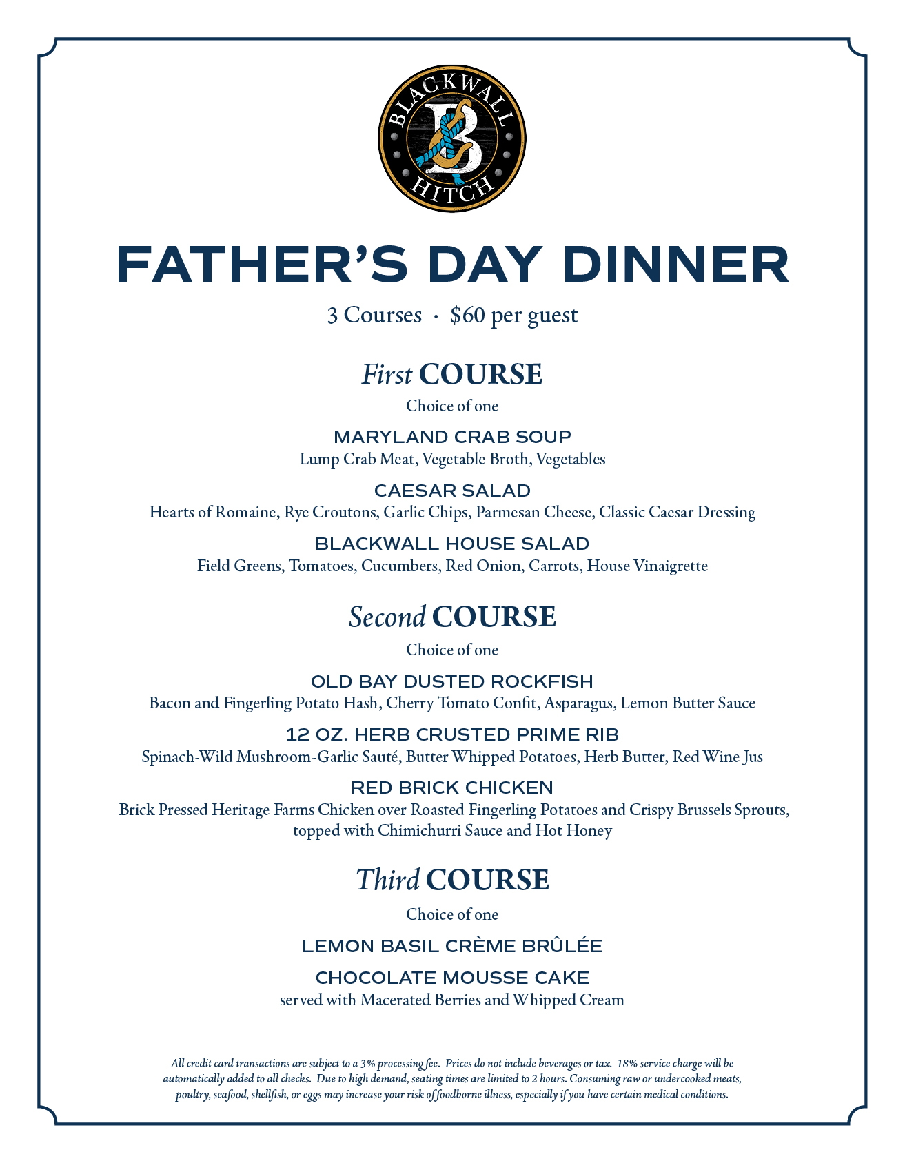 Poster-style Father's Day Dinner menu with Blackwall Hitch logo, bold headline, and course-by-course menu items for three courses at $60 per guest.