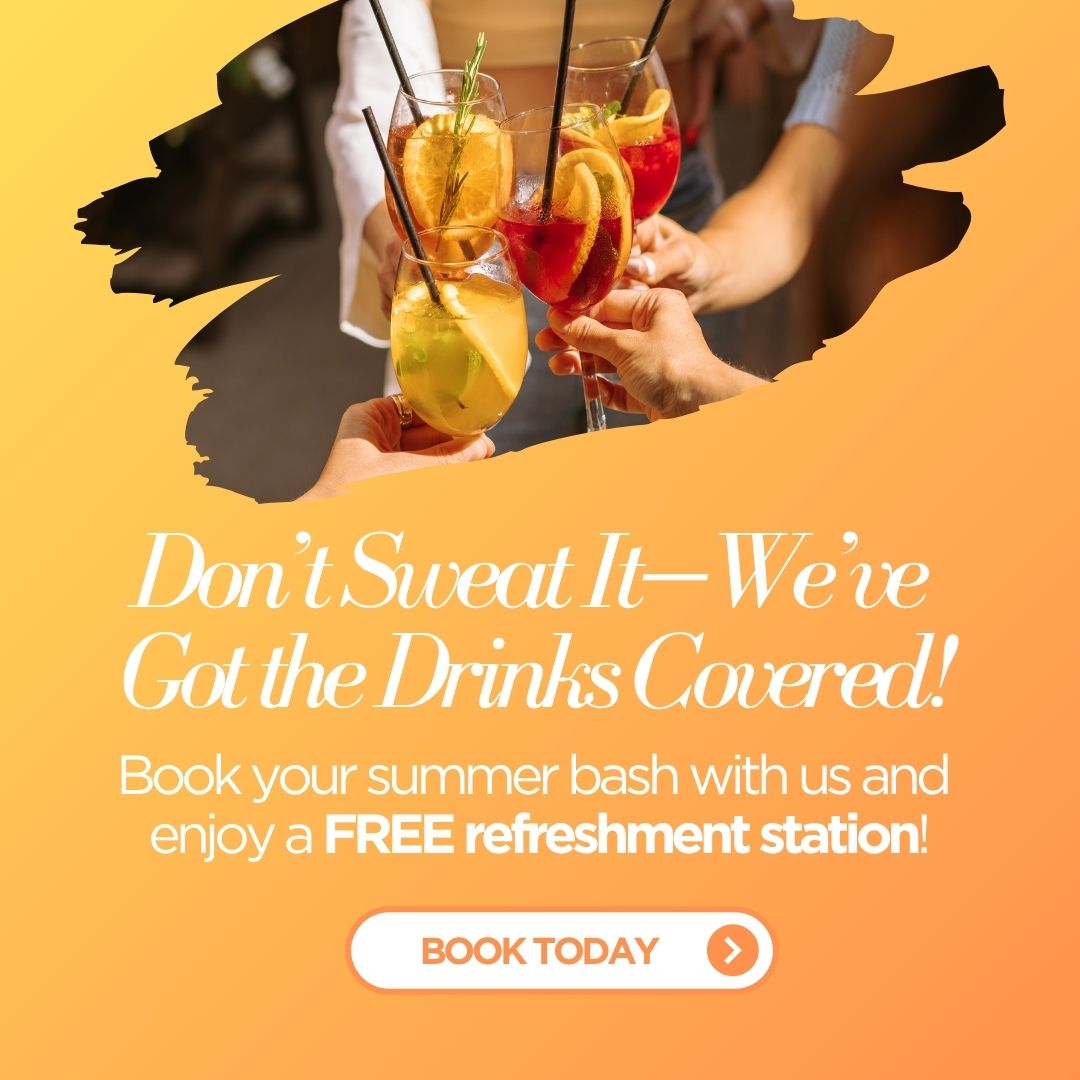 People raise colorful cocktails in a toast on an orange gradient promo banner advertising a summer bash and a free refreshment station.